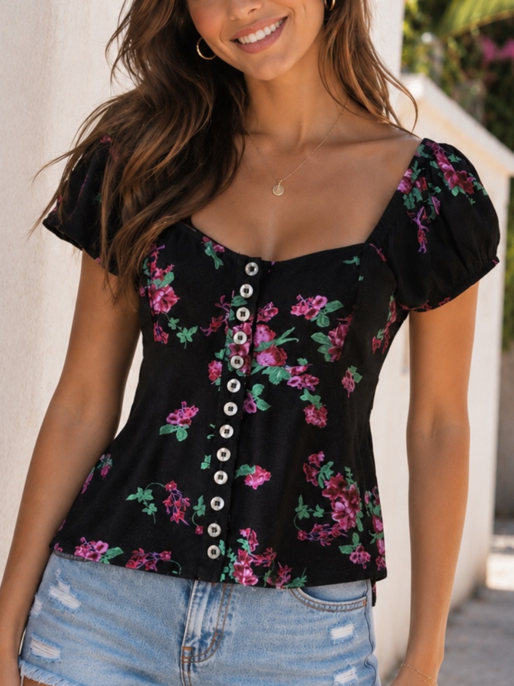 Free People Black Floral Button-Up Puff Sleeve Top